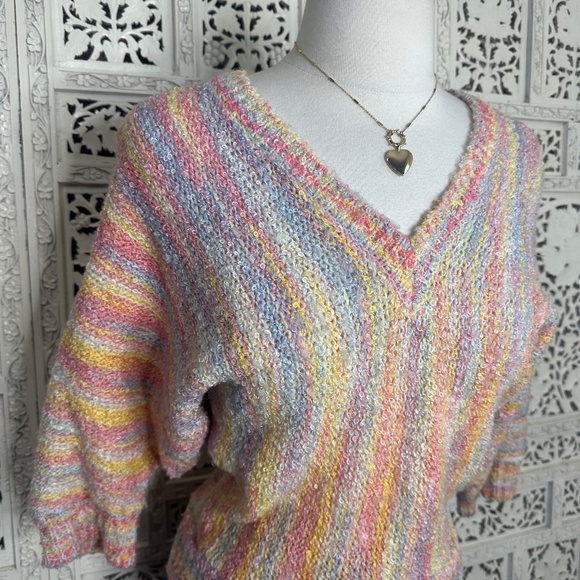 Vtg L'Américaine Pastel Rainbow Chunky Knit V Neck Slouchy Sleeve Sweater Sz S - Picture 2 of 8